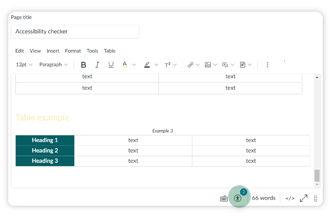 Image showing Accessibility checker in Rich Content Editor (bottom right) flagging 2 accessibility issues