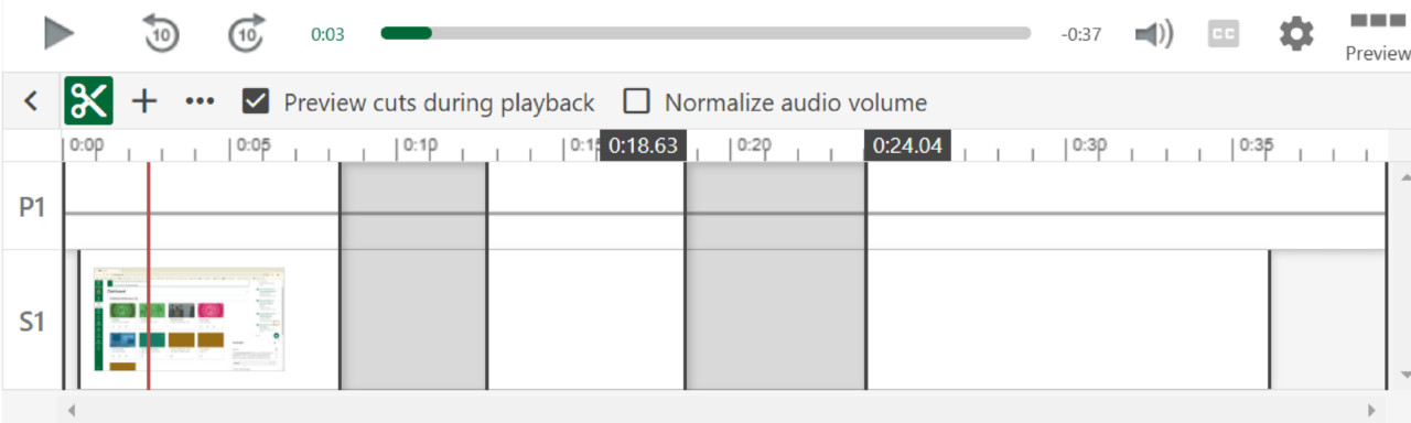 Image showing video timeline in Panopto editor. They greyed out areas are the segments they were trimmed so that they don't appear during playback.